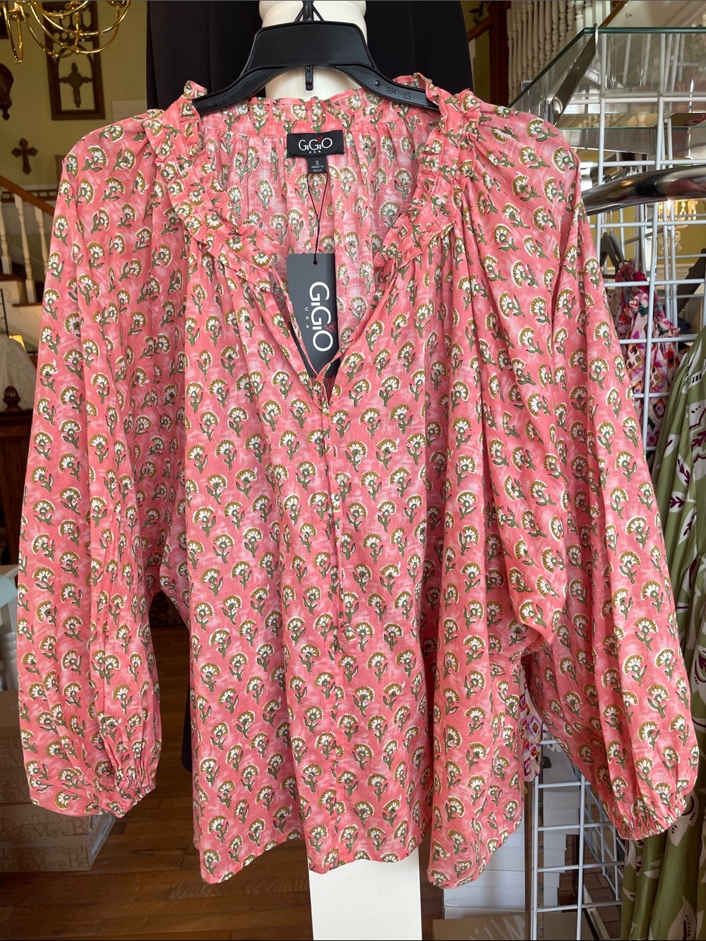 NWT Gigio Print Blouse with Long Sleeves & Tie Front